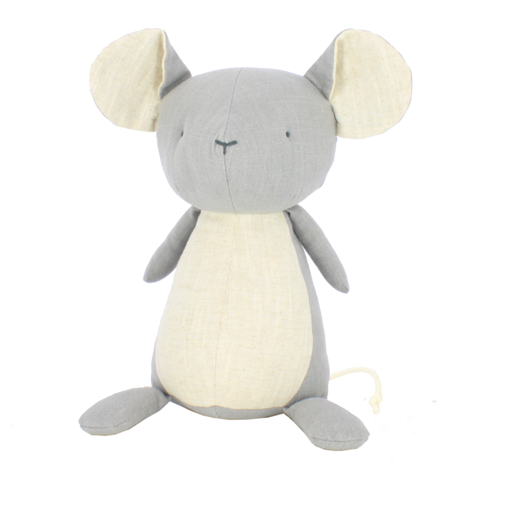 A plush mouse soft toy with shades of grey and cream. The mouse has large round ears.