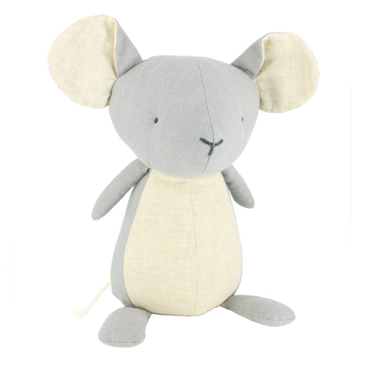 A plush mouse soft toy with shades of grey and cream. The mouse has large round ears.