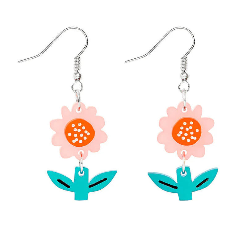 Flower-shaped earrings with pink flowers and turquoise leaves on a white background