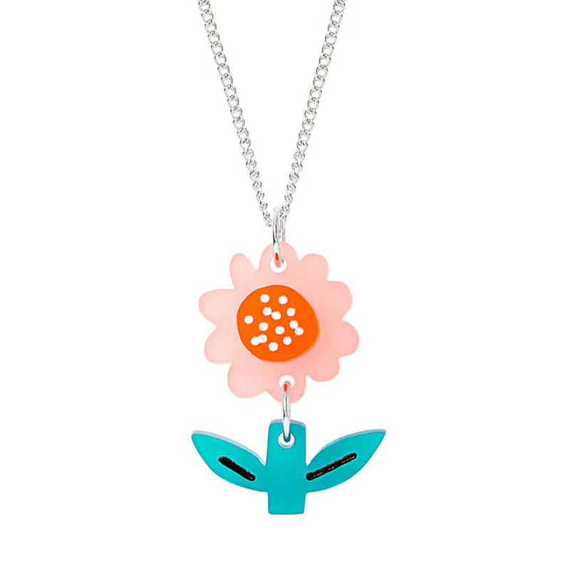 Necklace with a pink flower and blue leaf pendant on a white background