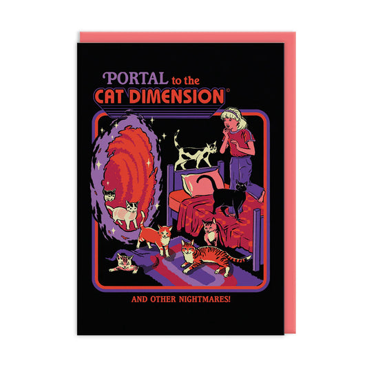 Card with 'Portal to the Cat Dimension' text and a person and multiple cats in a colourful design.