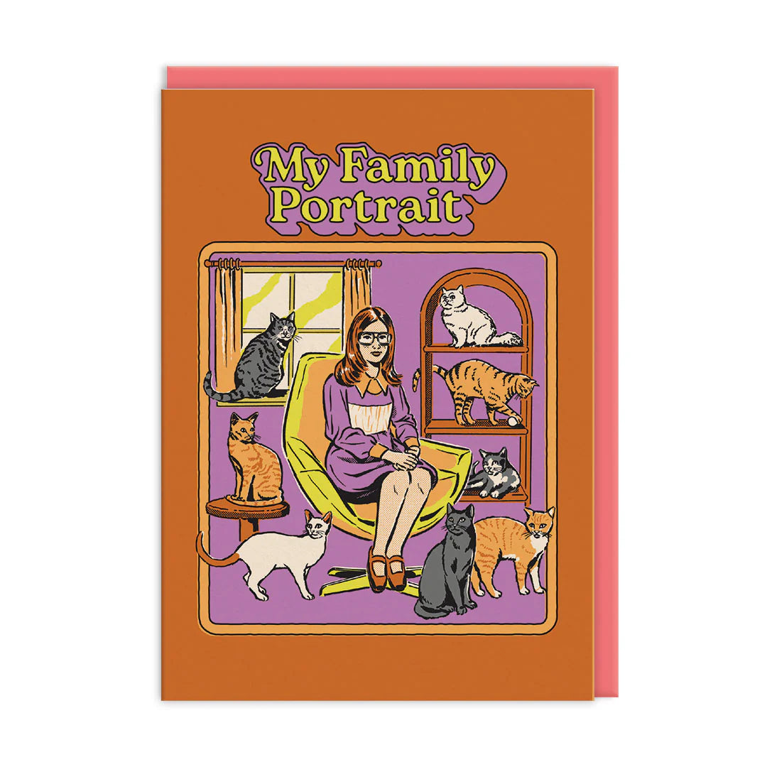 Card with a woman surrounded by cats and the title 'My Family Portrait' on an orange background.