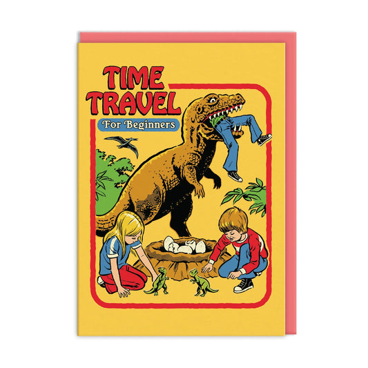 Card with a dinosaur and children playing, titled 'Time Travel for Beginners'. In the background, a child is being eaten by a dinosaur.