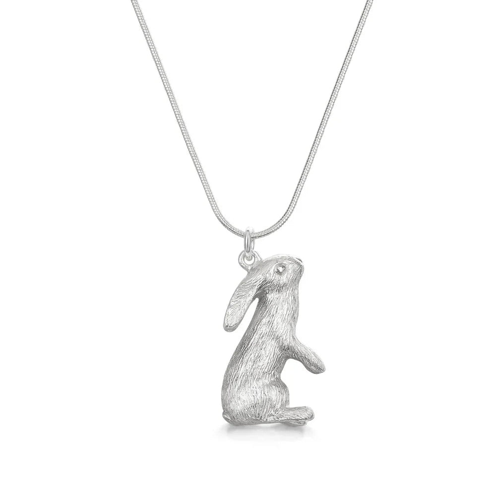 Silver hare pendant on a chain against a white background