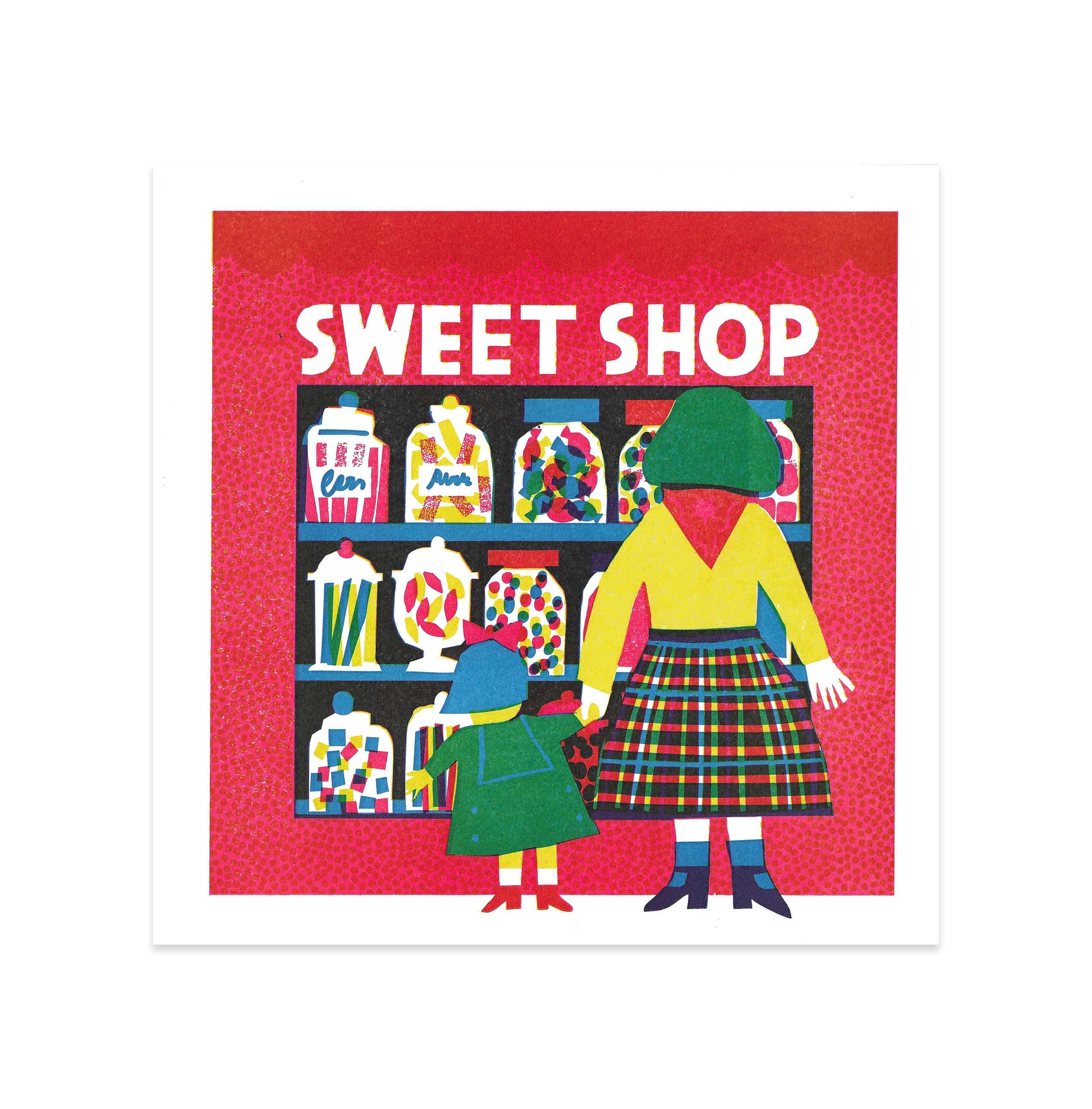 A vibrant illustration of a sweet shop, featuring a woman and a child admiring jars of colourful sweets. The background is bright red, and the text "SWEET SHOP" is prominently displayed at the top. The figures are dressed in bold, patterned clothing.