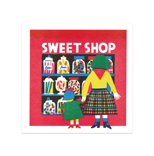 A vibrant illustration of a sweet shop, featuring a woman and a child admiring jars of colourful sweets. The background is bright red, and the text "SWEET SHOP" is prominently displayed at the top. The figures are dressed in bold, patterned clothing.