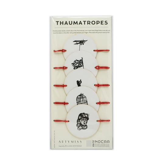 Set of thaumatropes with black illustrations on white discs with red strings, packaging displayed.