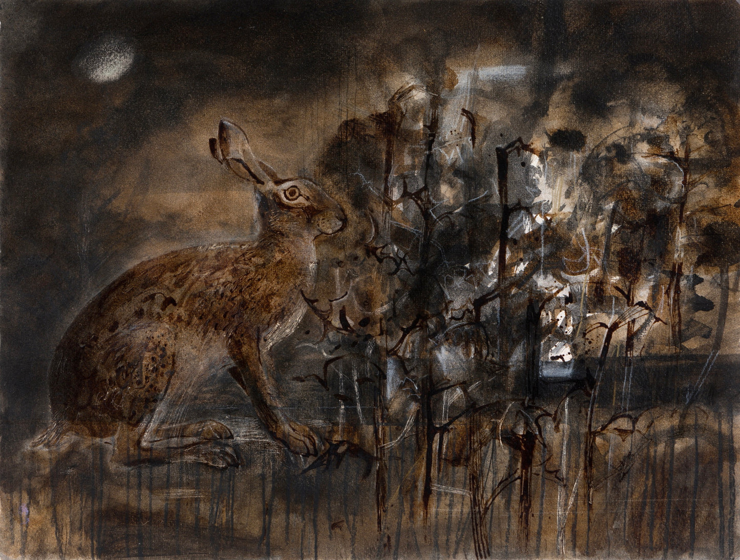 A detailed illustration of a hare sitting amidst a variety of flowers and plants. The artwork features earthy tones of brown and beige, highlighting the natural textures and patterns of the flora surrounding the hare.