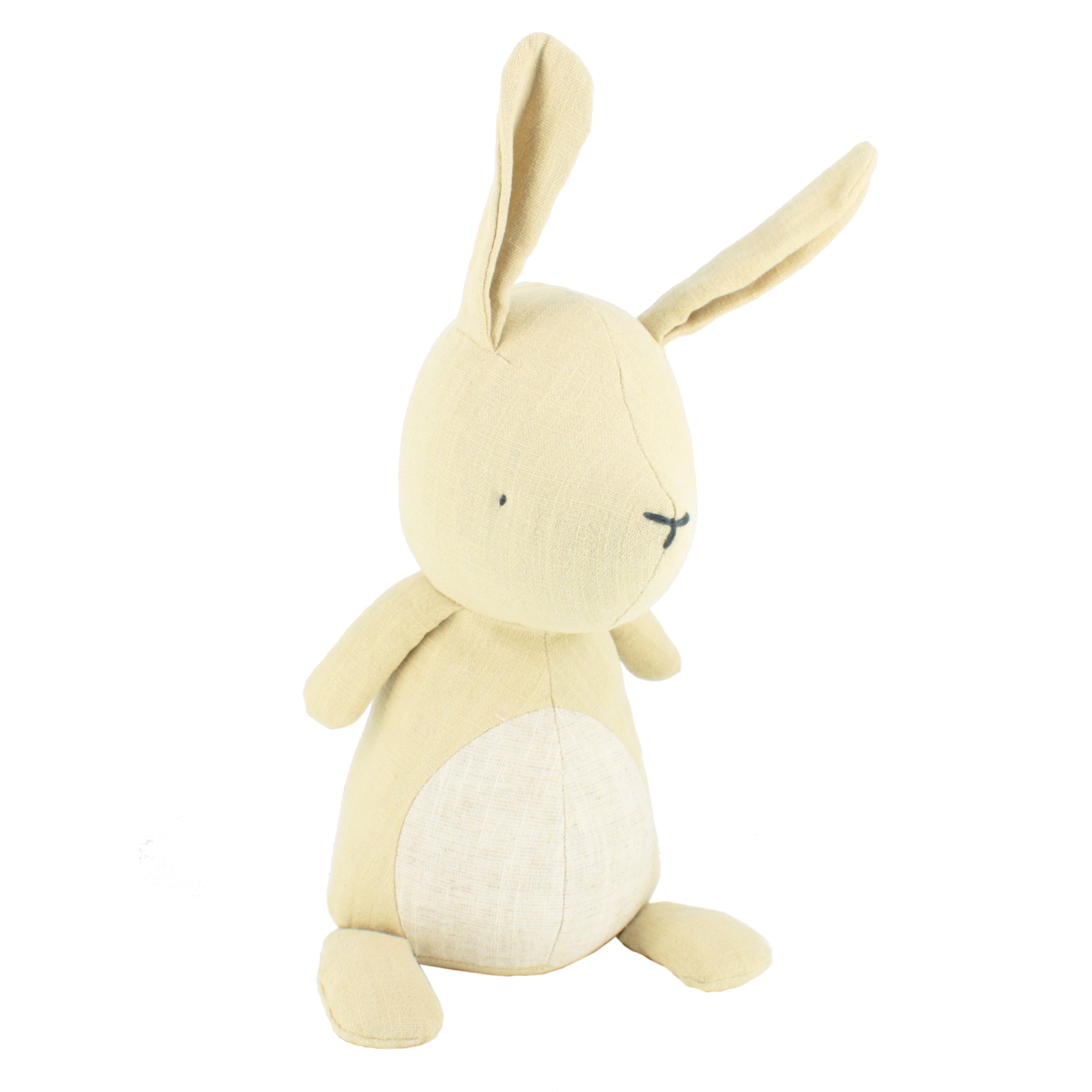 Cream plush bunny toy with long floppy ears on a white background