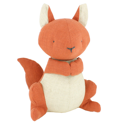 Plush toy squirrel with orange fur and white belly on a white background