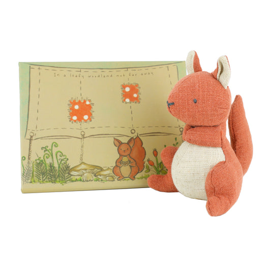 Plush squirrel toy with a matching packaging box on a white background