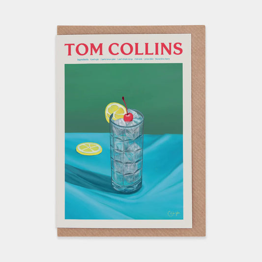 A vibrant illustration of a Tom Collins cocktail in a tall glass filled with ice, garnished with a lemon slice and a cherry. The background features a green gradient, and the drink is set on a blue surface. The title "TOM COLLINS" is prominently displayed.