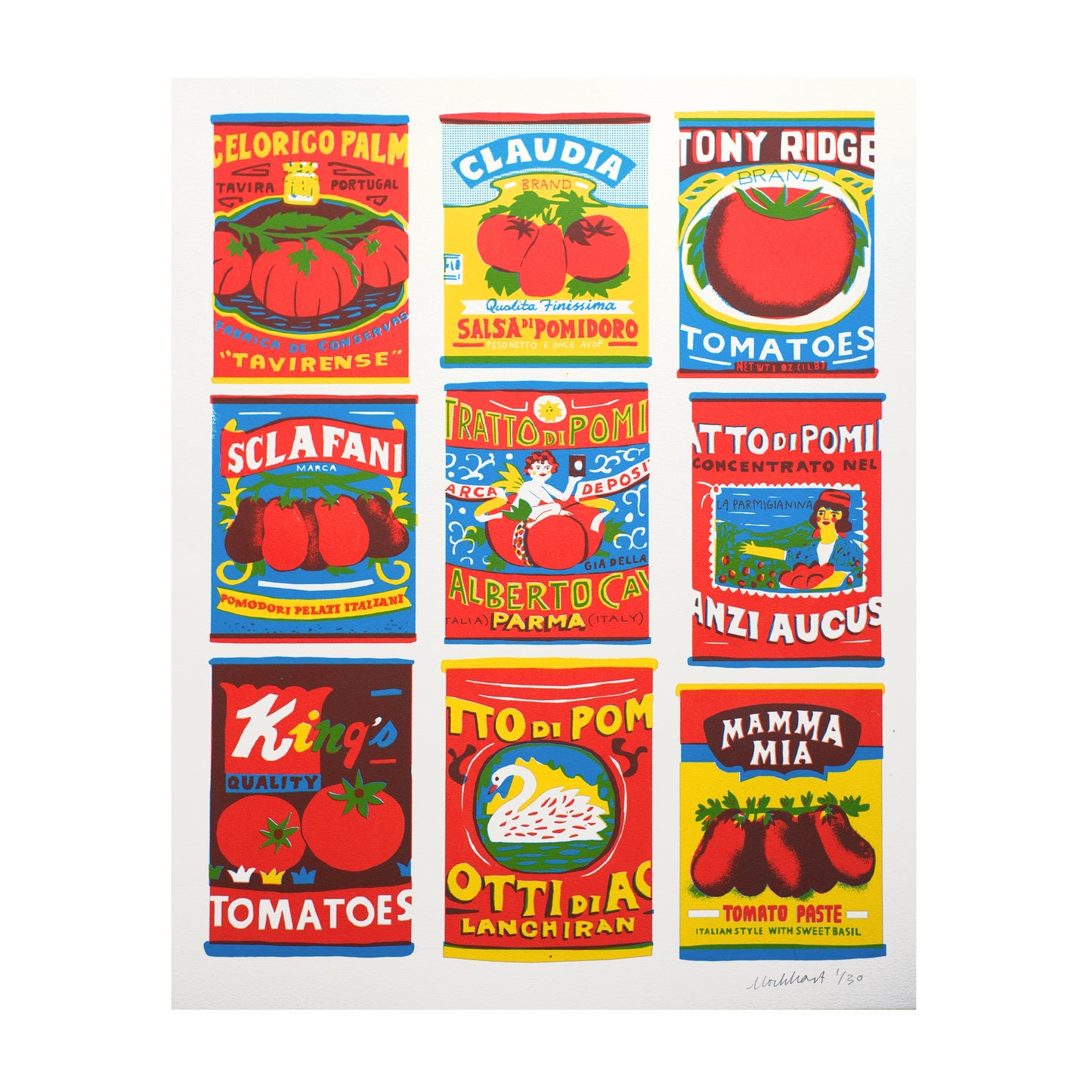 A vibrant print featuring ten illustrated tomato can labels, each with bold colours and playful typography. Labels include names like "Claudia," "King's Quality," and "Mamma Mia," showcasing various styles and designs inspired by Italian heritage.