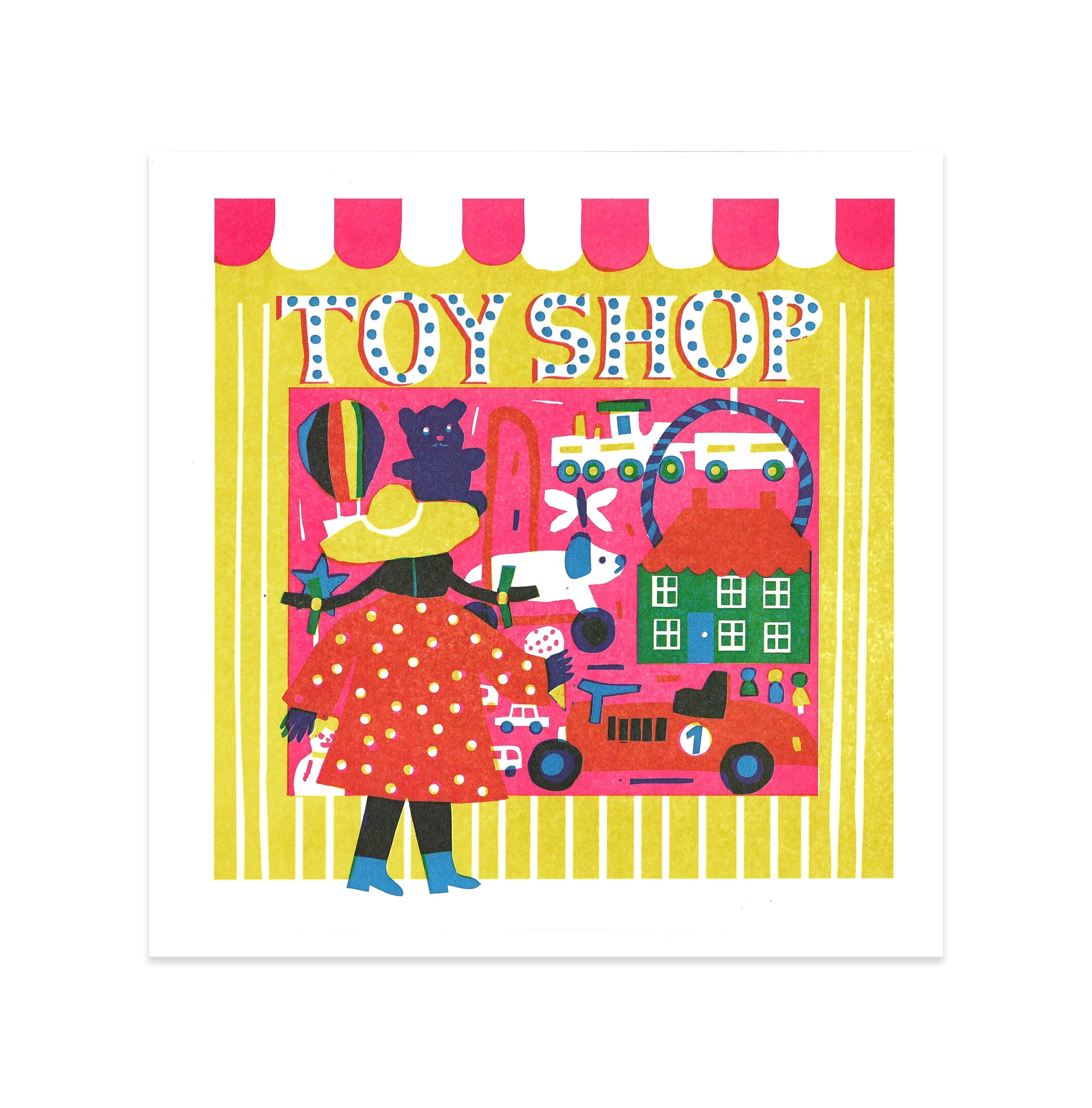 A vibrant illustration of a toy shop window, featuring a woman in a red polka-dot coat admiring colourful toys. The shopfront has a striped awning and displays various toys, including a teddy bear, cars, and a dollhouse, against a bright yellow background.