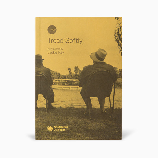 A book cover titled "Tread Softly" by Jackie Kay, featuring a sepia-toned image of two figures sitting by a riverbank, facing away. The title and author's name are prominently displayed, along with the Arts Council Collection logo.