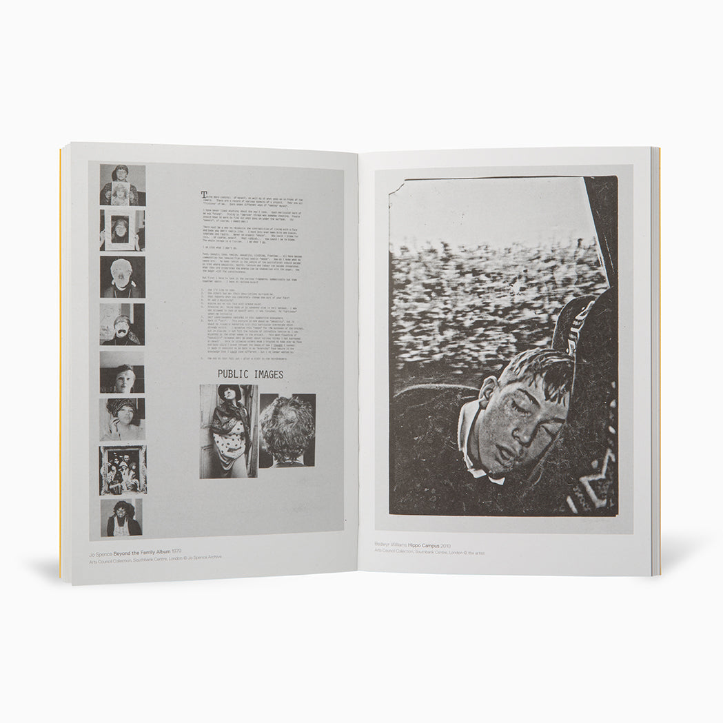 An open book displaying two pages. The left page features a series of small black-and-white photographs of various subjects. The right page shows a larger, grainy image of a person resting their head, with text partially visible above.