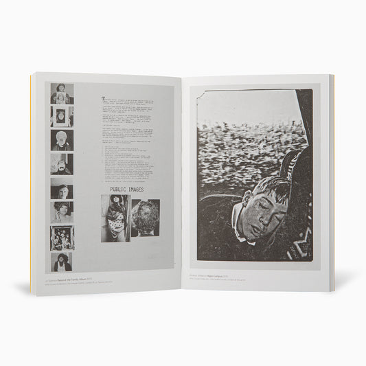 An open book displaying two pages. The left page features a series of small black-and-white photographs of various subjects. The right page shows a larger, grainy image of a person resting their head, with text partially visible above.