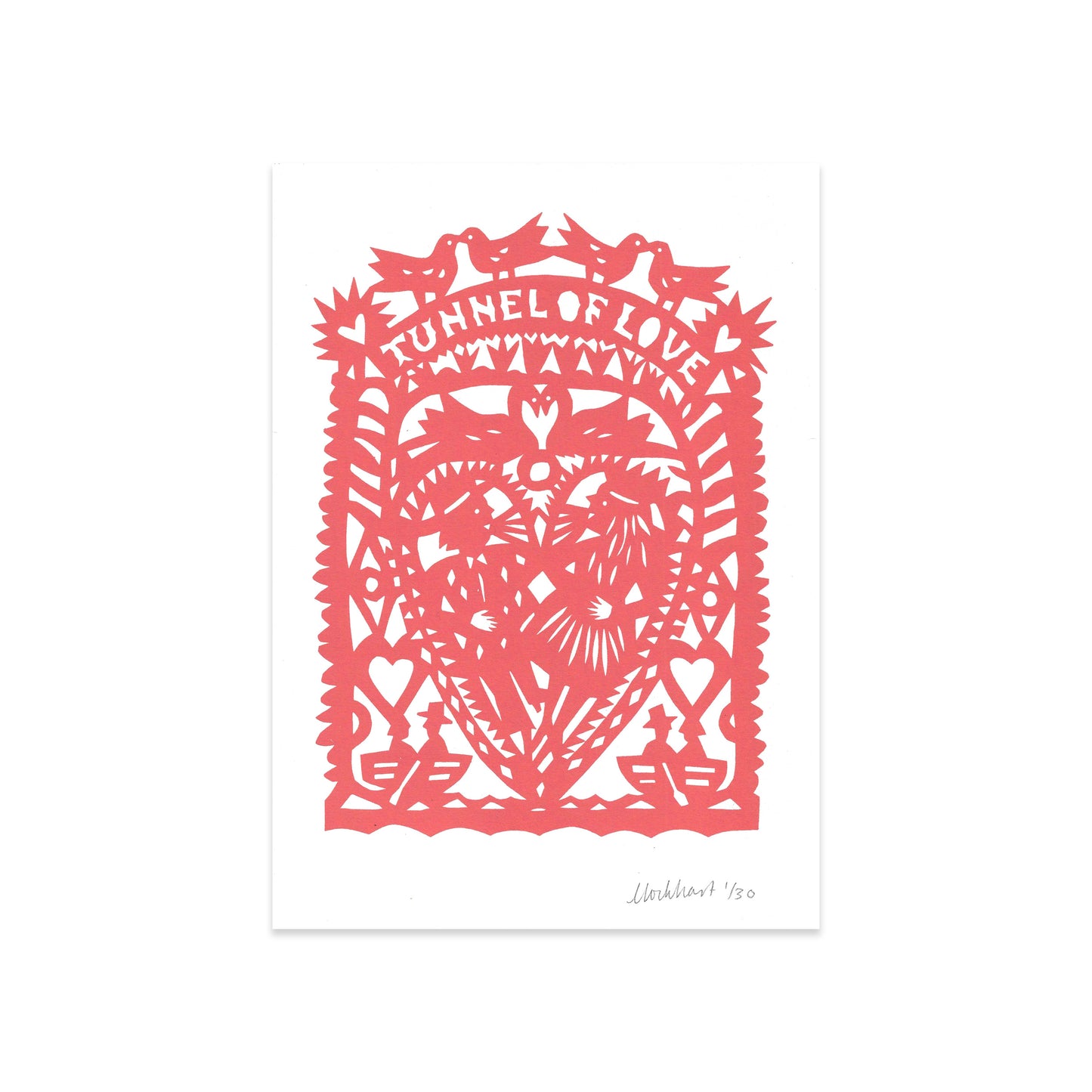 A vibrant pink artwork titled "Tunnel of Love." It features intricate designs of hearts, birds, and floral motifs, framed by decorative borders. The artist's signature and date  are located at the bottom.