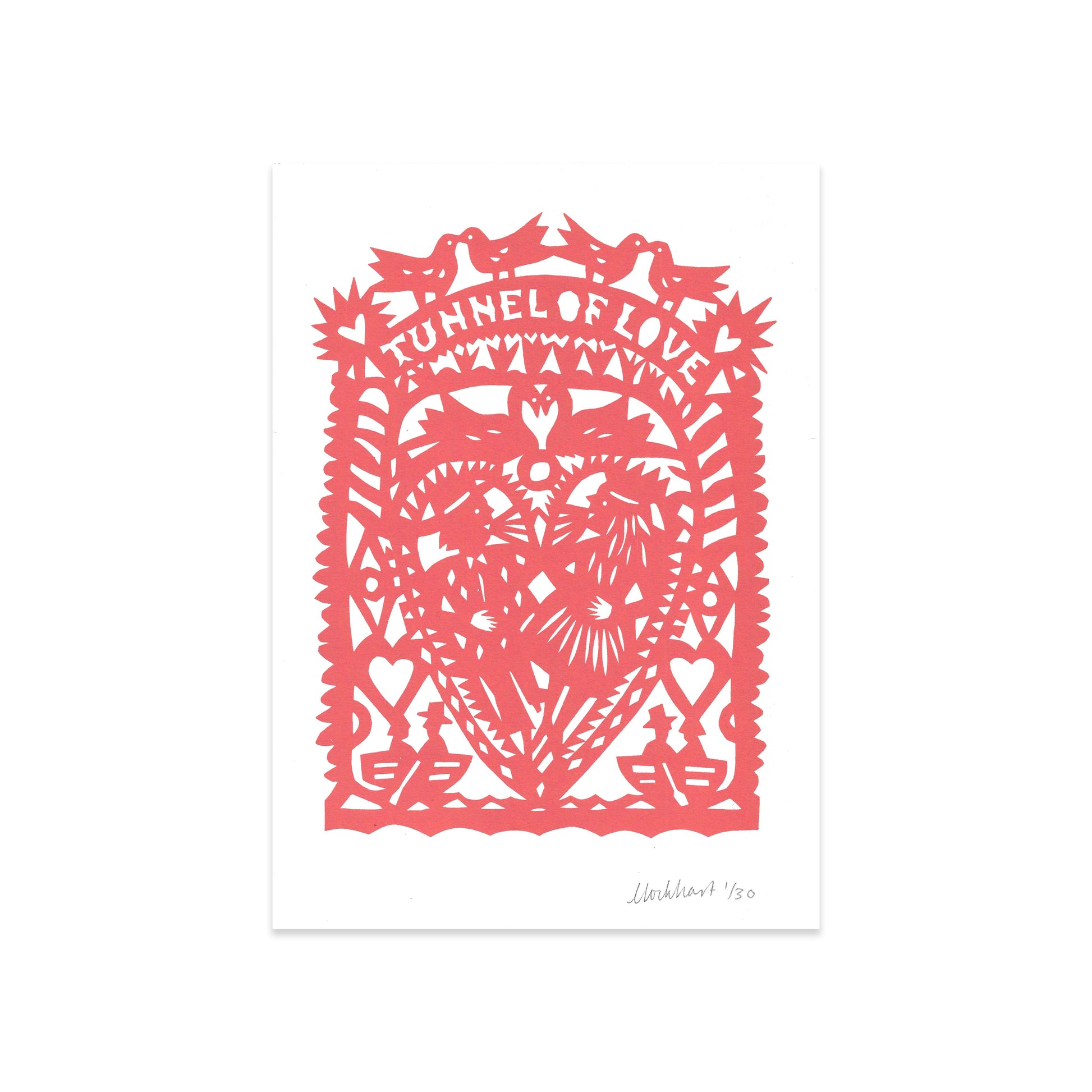 A vibrant pink artwork titled "Tunnel of Love." It features intricate designs of hearts, birds, and floral motifs, framed by decorative borders. The artist's signature and date  are located at the bottom.