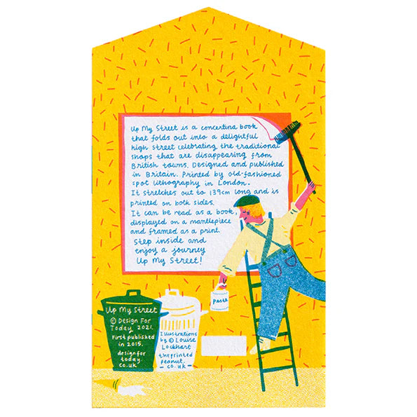 Illustrated book cover with a person on a ladder and text on a yellow background