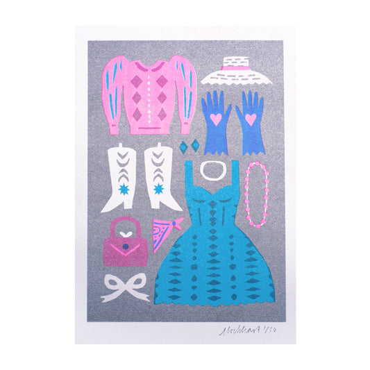 A vibrant illustration featuring a collection of fashion items: a pink cardigan, a white hat, blue gloves with heart motifs, white cowboy boots, a blue dress, a pink handbag, a blue bandana, a necklace, and a white bow, all set against a silver background.