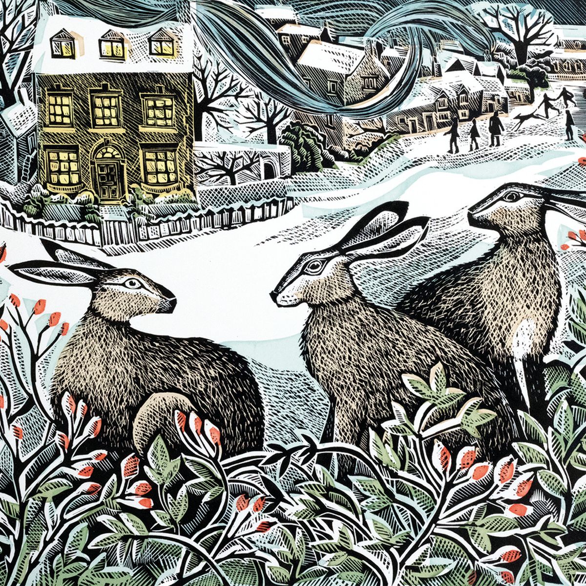 Illustration of three hares in a snowy landscape with houses and people in the background.