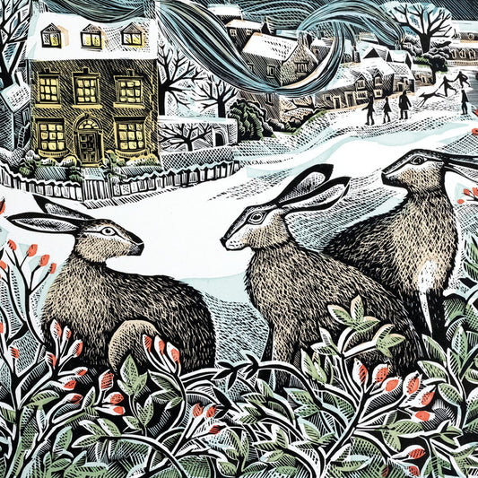 Illustration of three hares in a snowy landscape with houses and people in the background.