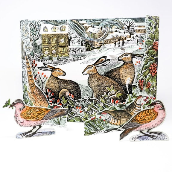 A 3D card advent calendar featuring illustrations of animals and nature with a snowy landscape in the background