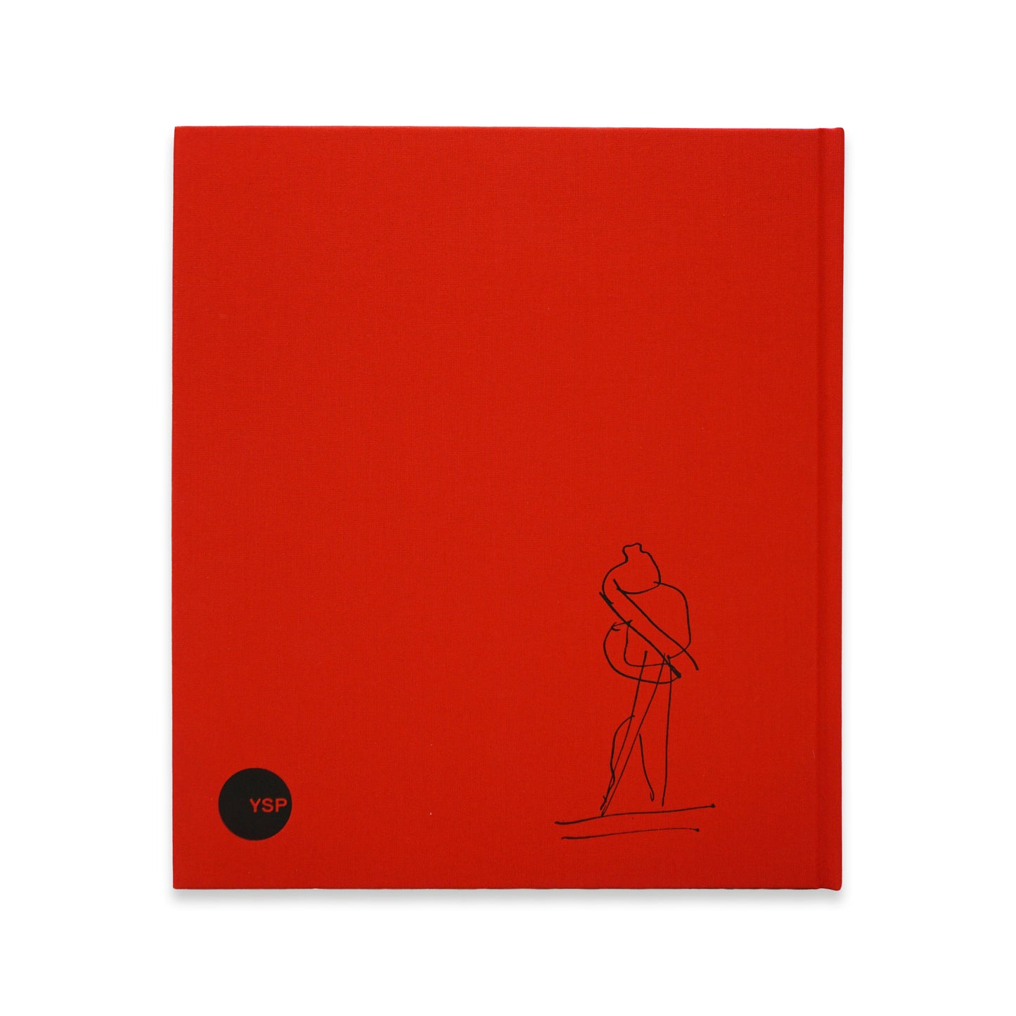 A vibrant red book back cover featuring a minimalist line drawing of a figure. The cover includes a circular black logo with the letters "YSP" at the bottom left corner. The overall design is simple yet striking, emphasising the artwork.