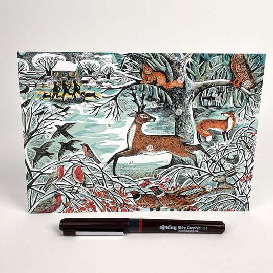 A decorative Advent Christmas card featuring a winter woodland scene with animals, birds, and a tree.