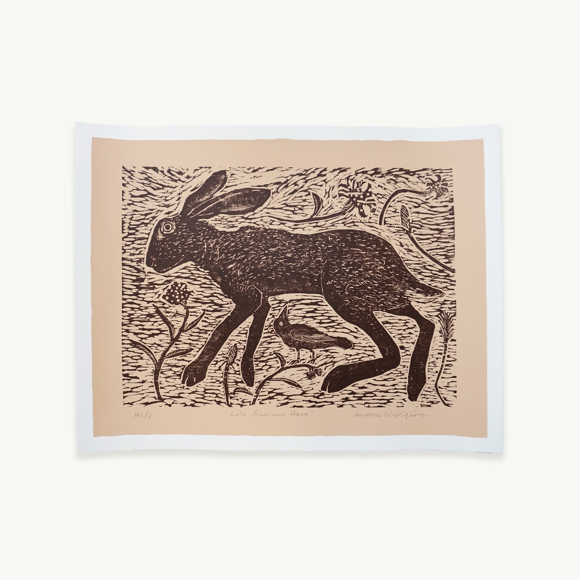 Woodcut-style illustration of a hare and bird on beige paper with white border