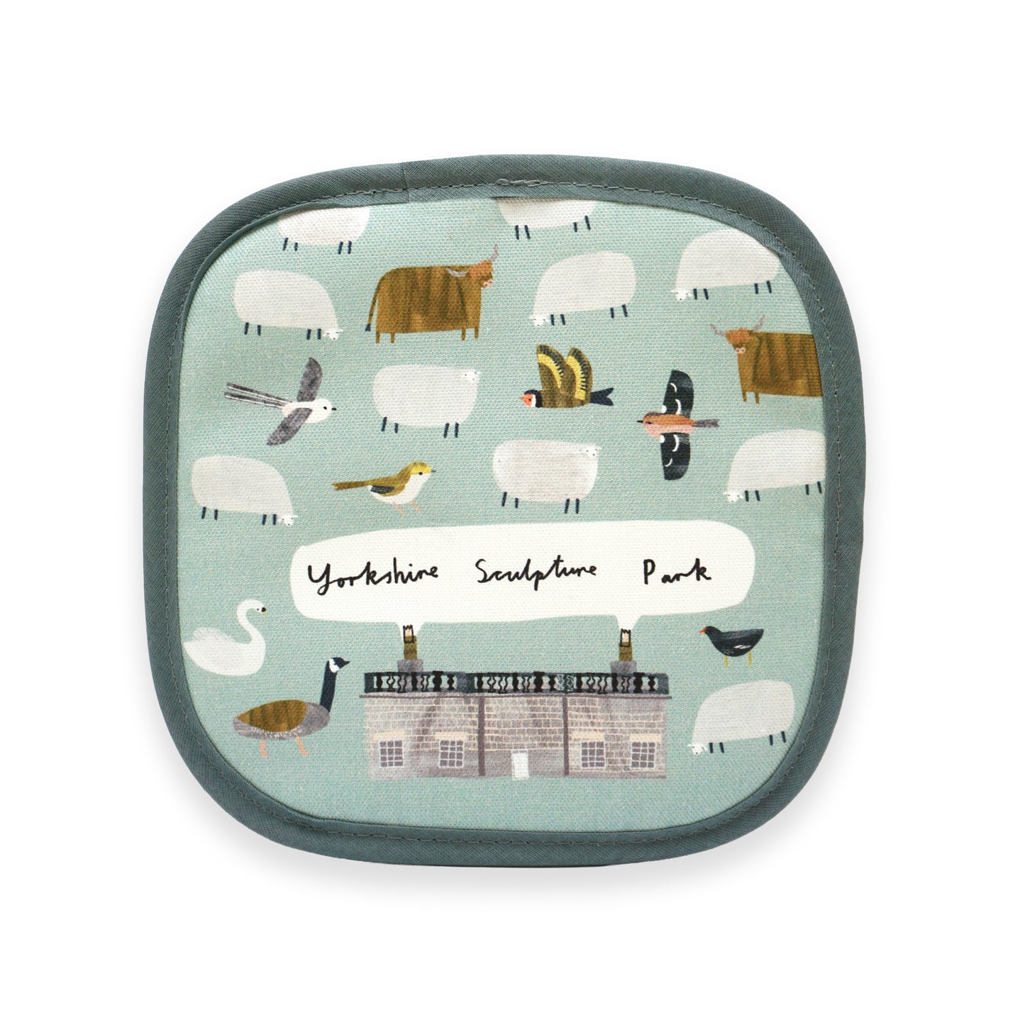 A square fabric pot holder featuring a whimsical illustration of various animals, including sheep, birds, and a cow, set against a light blue background. At the bottom, the text reads "Yorkshire Sculpture Park" in a playful font.