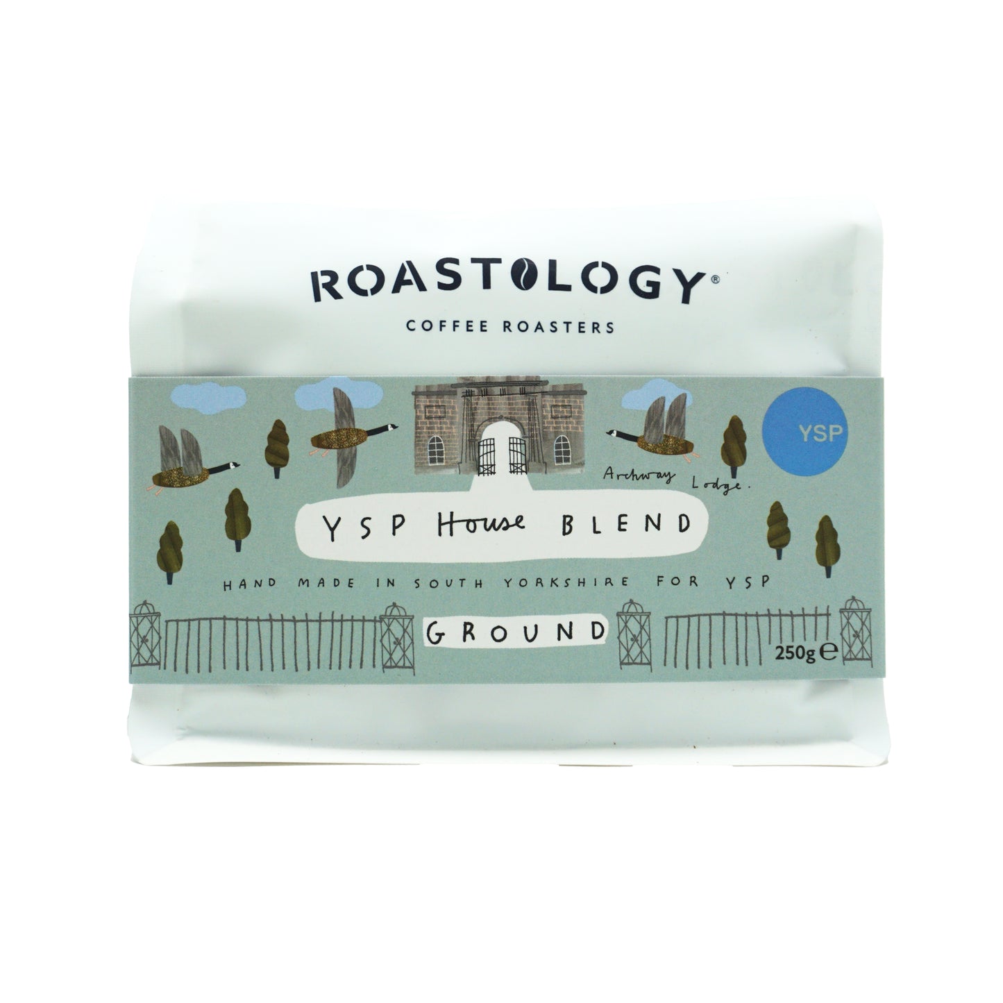 A white bag of house blend ground coffee featuring a blue label with illustrated geese and trees.