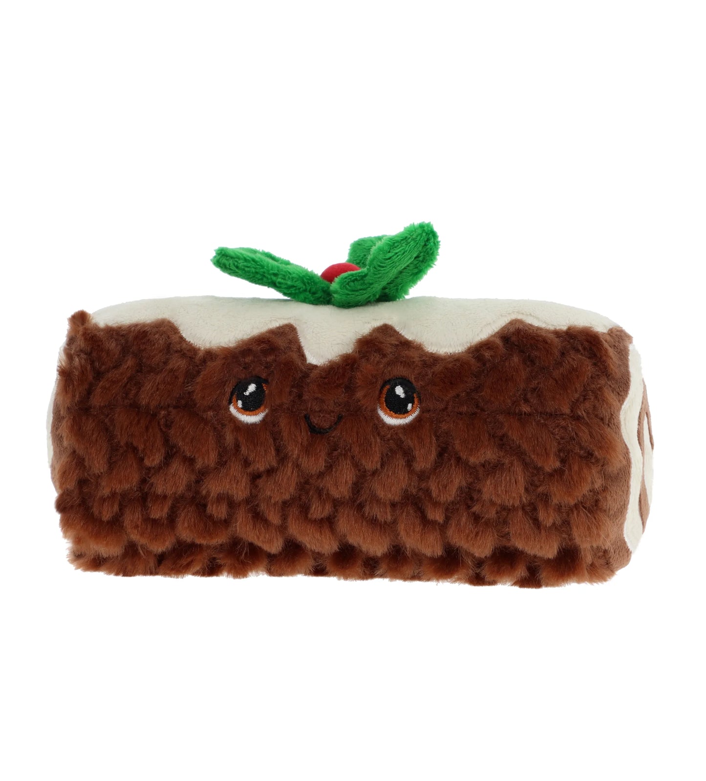 Plush toy resembling a Christmas yule log with a cherry on top against a white background