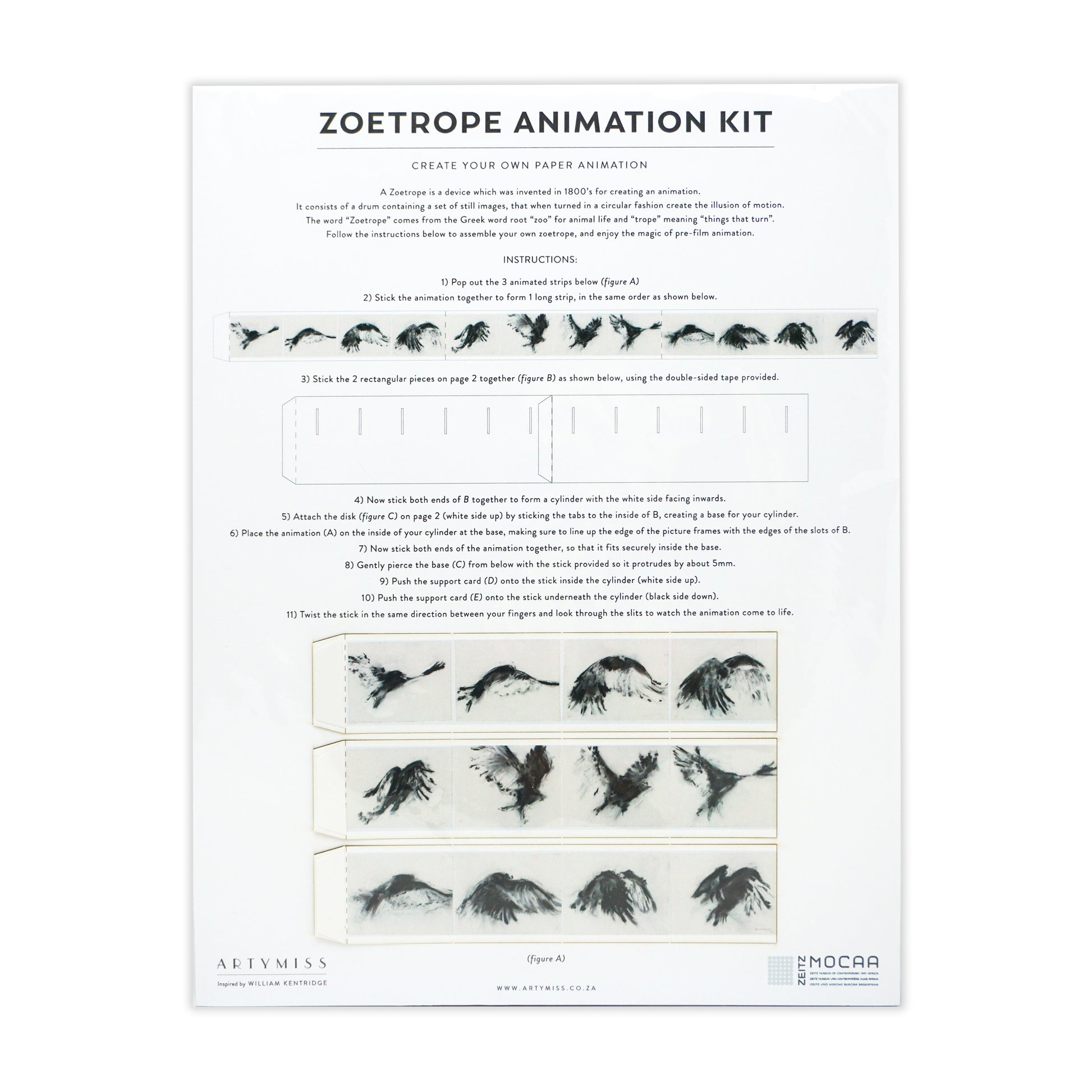 Zoetrope animation kit with instructions and illustrations on a white background