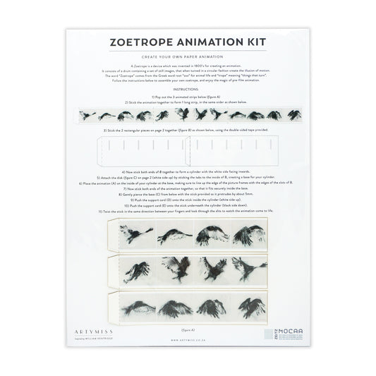 Zoetrope animation kit with instructions and illustrations on a white background