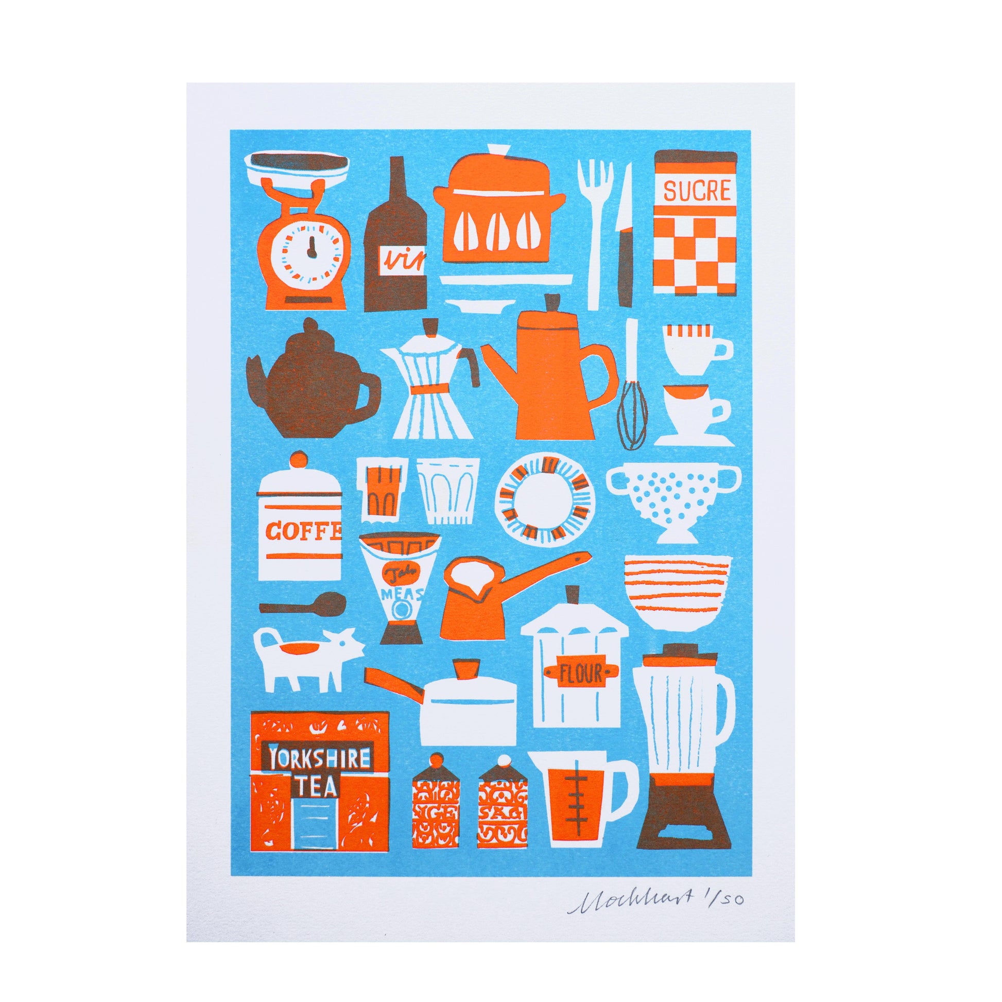 A vibrant illustration featuring various kitchen items on a blue background. It includes teapots, coffee makers, measuring scales, utensils, and containers labelled 'Flour' and 'Yorkshire Tea', all in a mix of red and white tones.