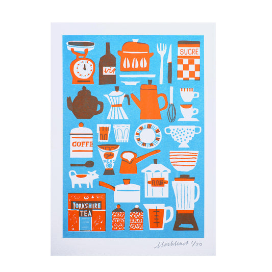 A vibrant illustration featuring various kitchen items on a blue background. It includes teapots, coffee makers, measuring scales, utensils, and containers labelled 'Flour' and 'Yorkshire Tea', all in a mix of red and white tones.