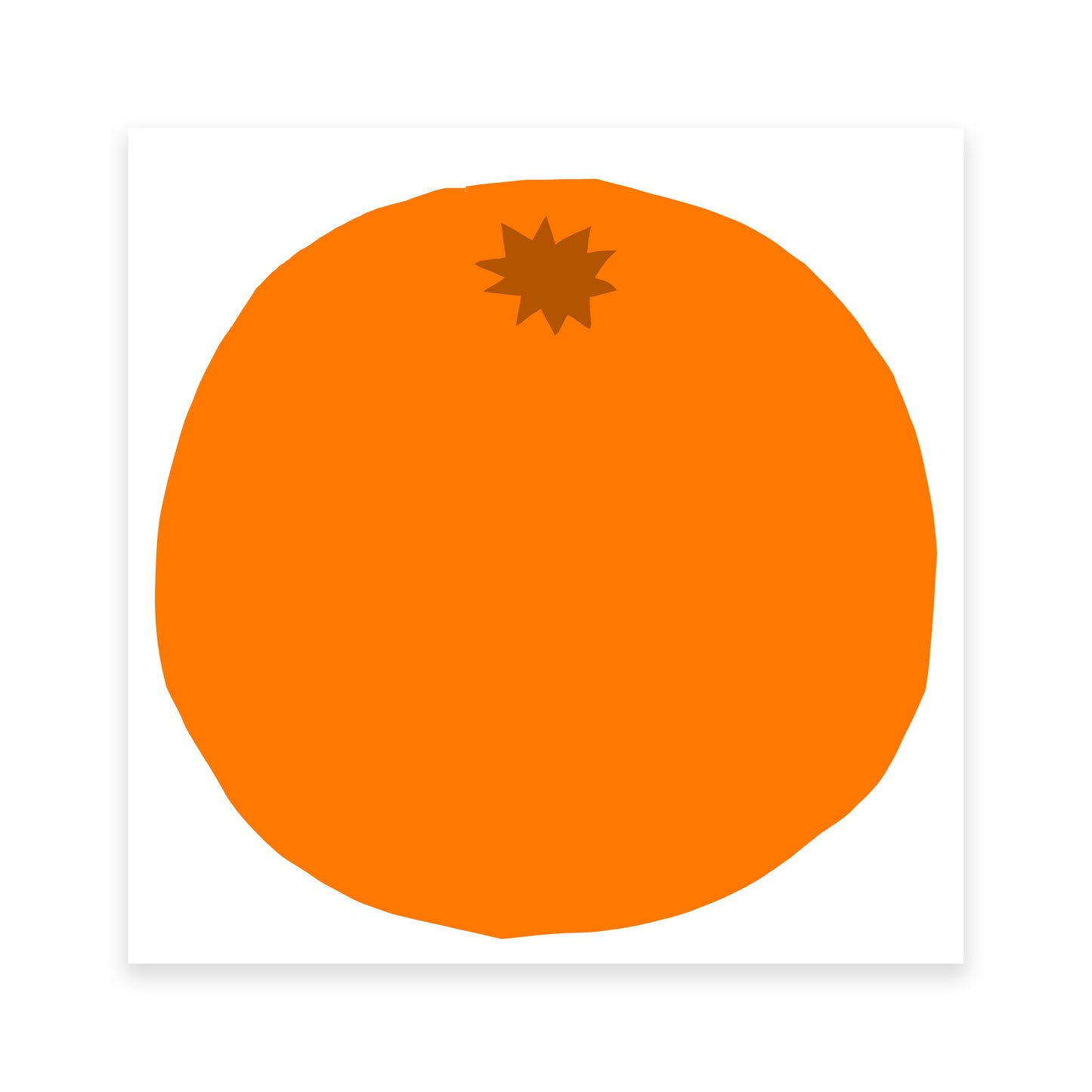 A simple illustration of an orange, depicted as a round shape in a vibrant orange colour with a small brown star at the top, set against a plain white background. The design is minimalistic and stylised.