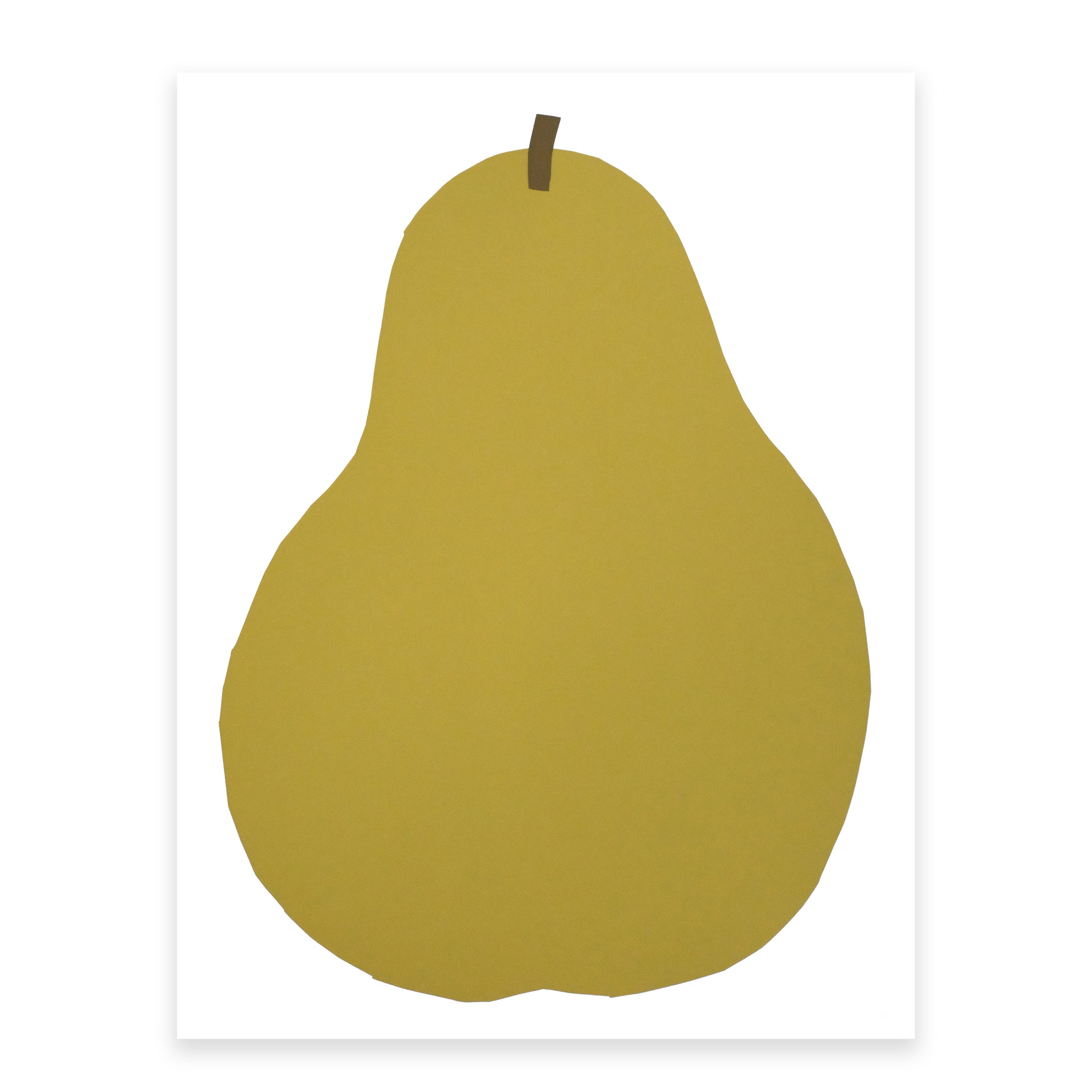 A simple, stylised illustration of a pear on a white background. The pear is depicted in a muted yellow colour with a brown stem, featuring smooth, rounded edges and a plump shape, emphasising its minimalist design.