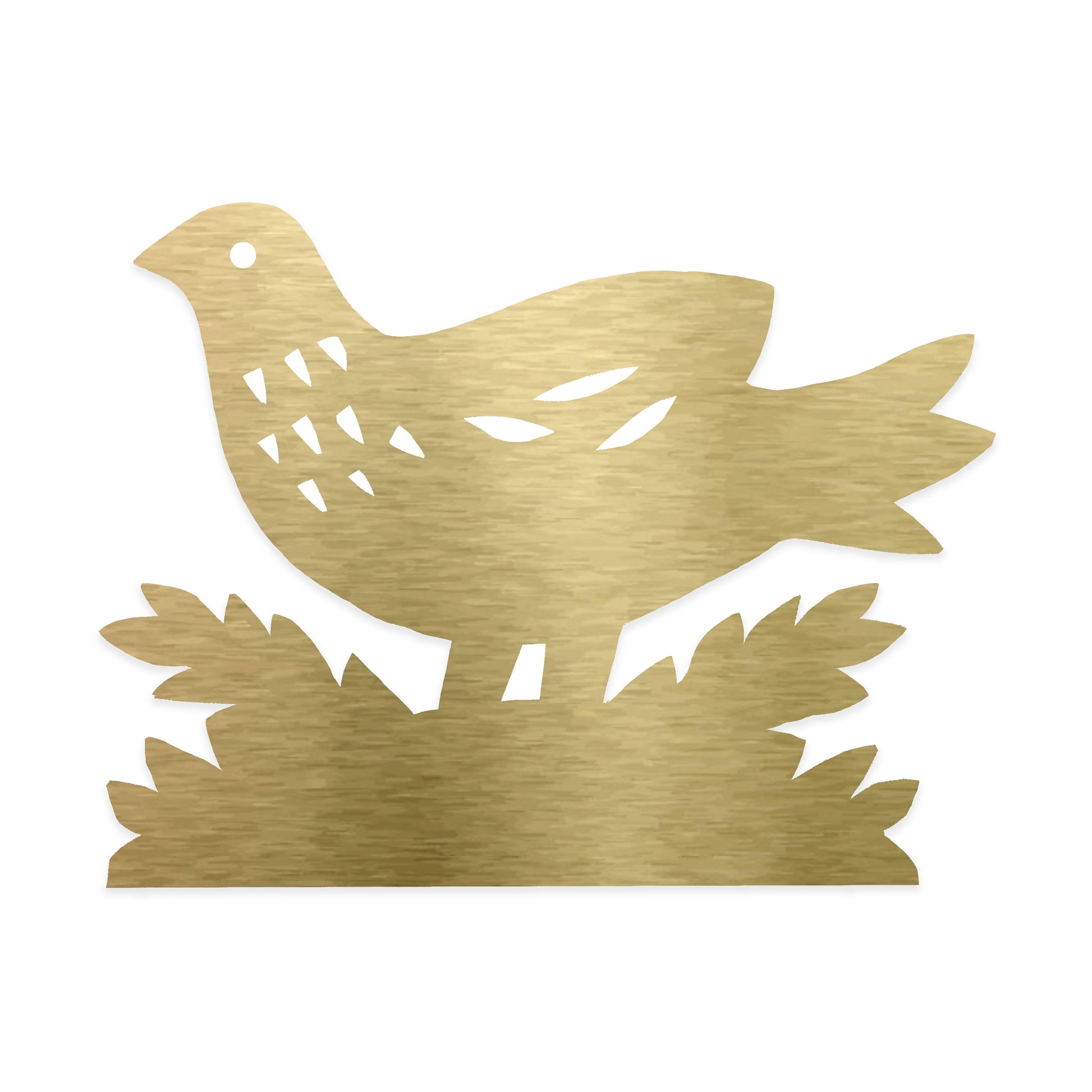 A stylised golden bird silhouette perched on a small mound of leaves. The bird features decorative cut-outs on its body, giving it a delicate appearance against a plain white background.