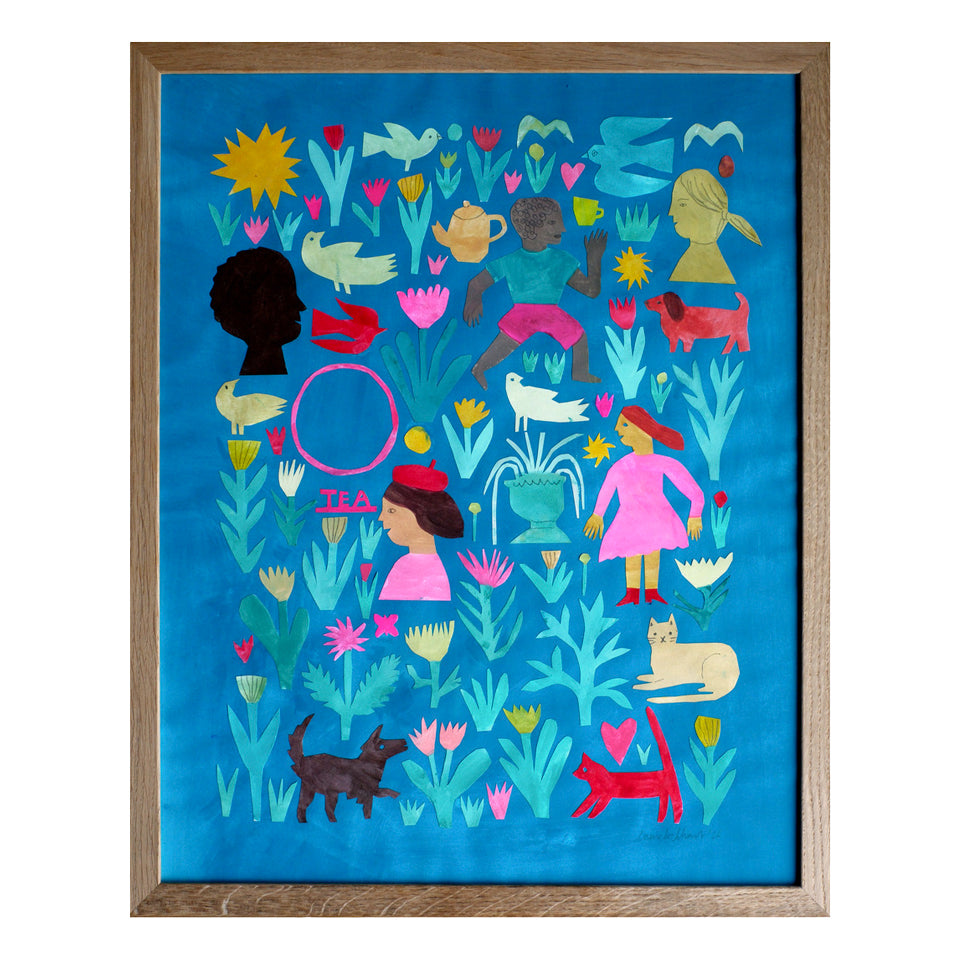 A vibrant artwork featuring a collage of figures and animals amidst colourful flowers and plants. The scene includes diverse characters, playful animals, and abstract shapes, all set against a bright blue background, framed in wood.