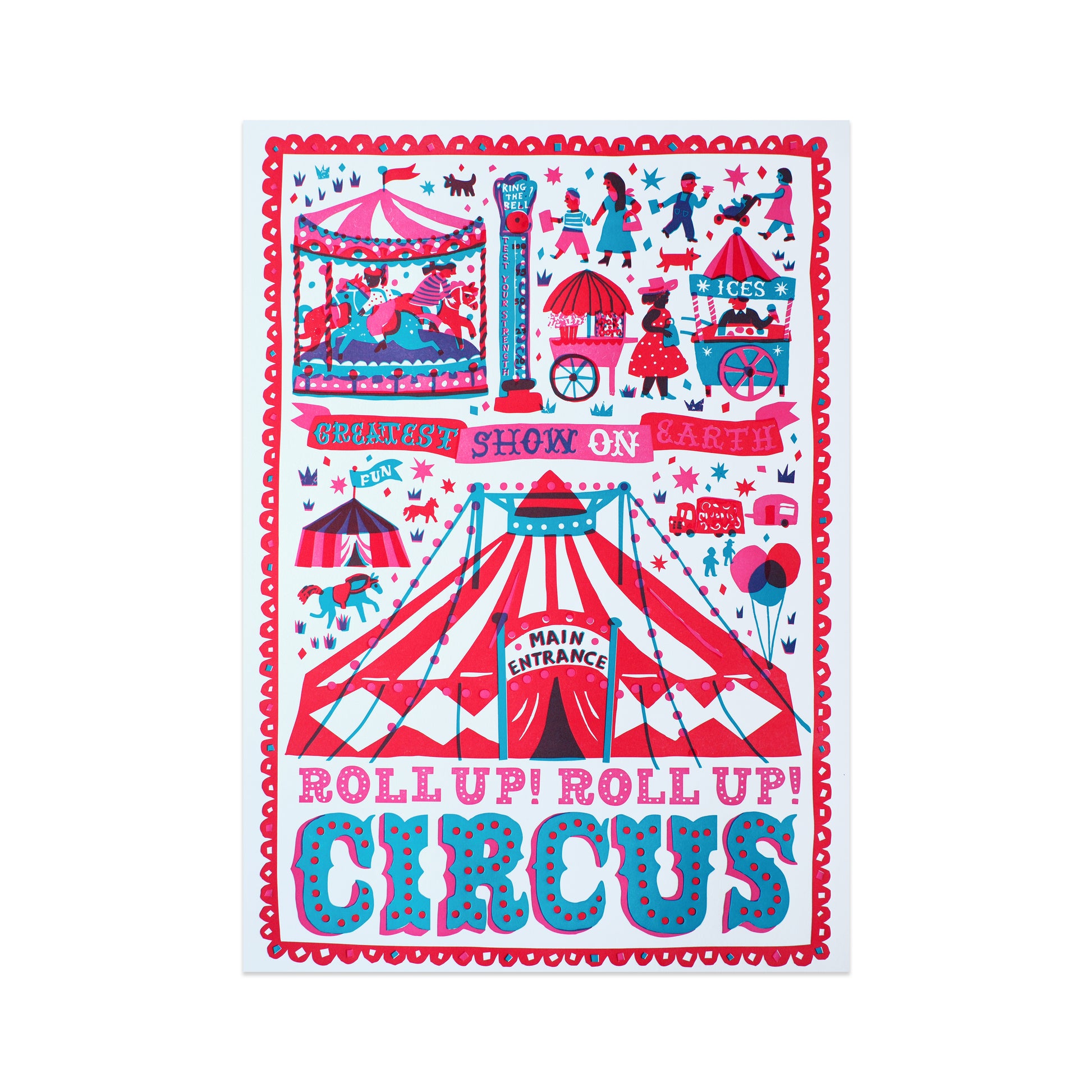 A vibrant circus poster featuring a striped tent, carousel, and various circus performers. The text reads "Greatest Show on Earth" and "Roll Up! Roll Up! Circus" in bold, colourful letters, surrounded by balloons and festive decorations.
