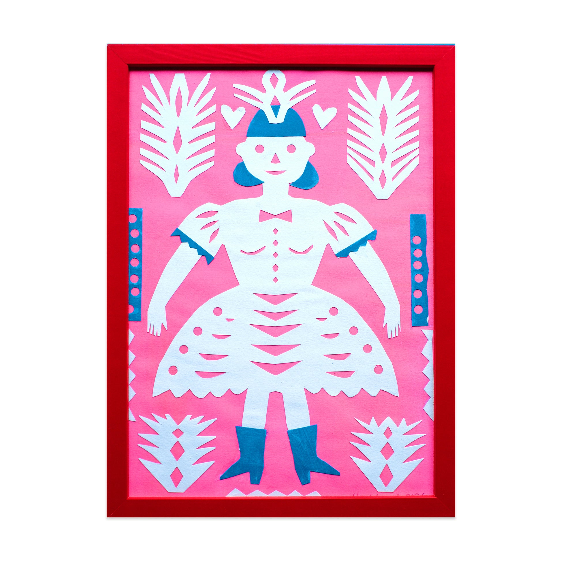 A vibrant artwork featuring a stylised female figure with a crown, wearing a white dress and blue boots. The background is pink, adorned with white and blue foliage patterns, framed in a bold red border.