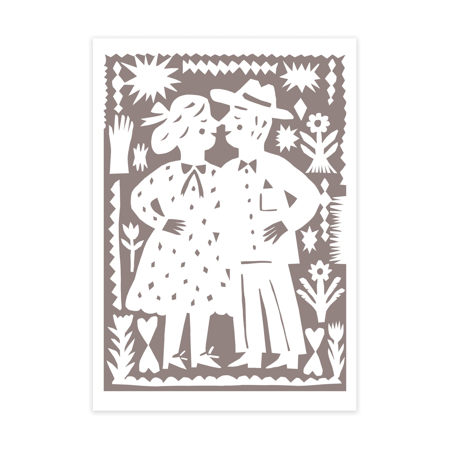 An artwork featuring a couple standing close together, surrounded by floral and geometric patterns. The figures are stylised, with the woman in a dotted dress and the man wearing a hat, both smiling.