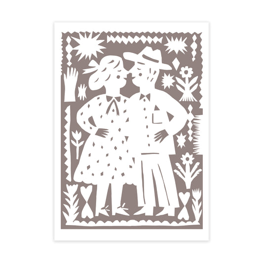 An artwork featuring a couple standing close together, surrounded by floral and geometric patterns. The figures are stylised, with the woman in a dotted dress and the man wearing a hat, both smiling.