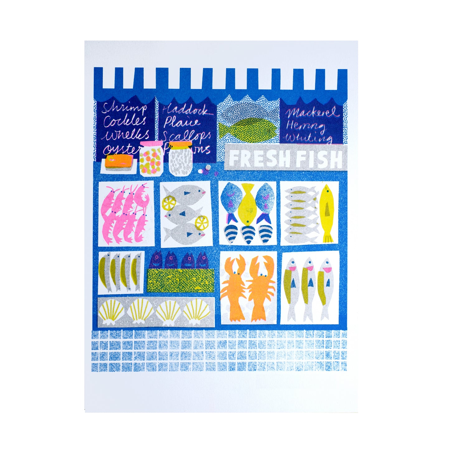 A vibrant illustration of a fish market stall featuring various seafood items. The display includes shrimp, crabs, scallops, and different types of fish, all set against a bright blue background with the words "FRESH FISH" prominently featured.