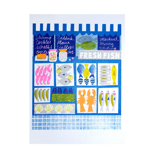 A vibrant illustration of a fish market stall featuring various seafood items. The display includes shrimp, crabs, scallops, and different types of fish, all set against a bright blue background with the words "FRESH FISH" prominently featured.