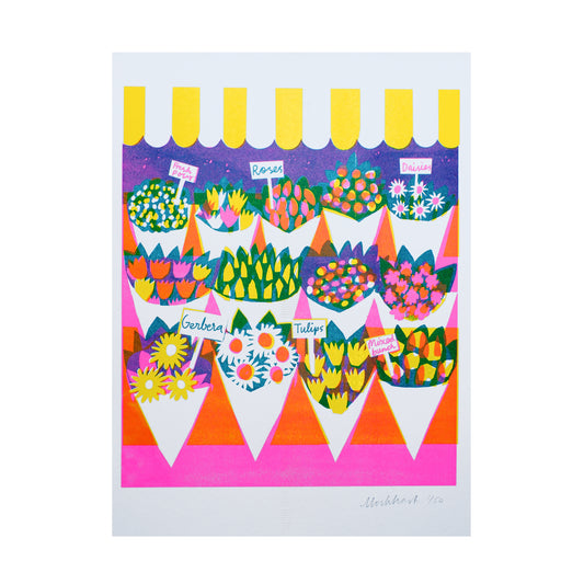 A vibrant illustration of a flower market stall featuring colourful bouquets in cone-shaped containers. The stall displays various flowers, including roses, tulips, gerberas, and daisies, set against a bright, patterned background.