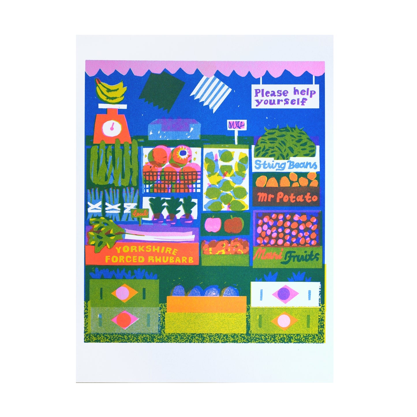 A vibrant illustration of a market stall filled with various fruits and vegetables. Items include bananas, string beans, and rhubarb, with a sign saying "Please help yourself" and a playful "Mr Potato" label. The background is bright blue.